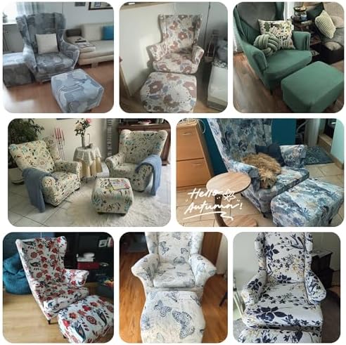 2 Piece Wingback Chair Slipcover with Matching Ottoman Cover