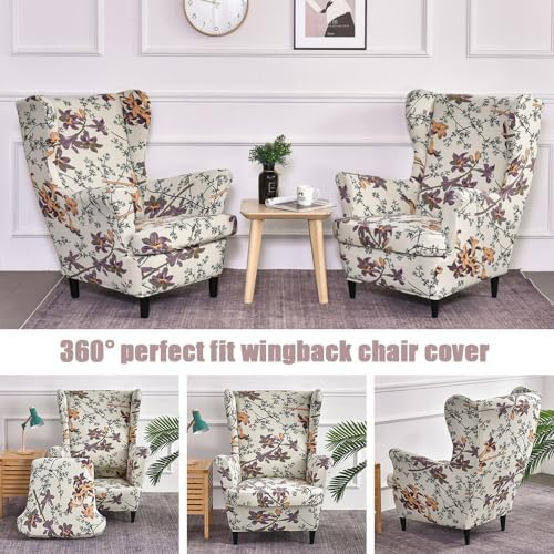 2 Piece Stretch Wingback Chair Covers with Arms - Black Check