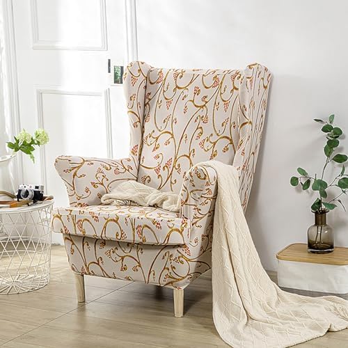 Gold Flower Print Wingback Chair Covers 2 Piece