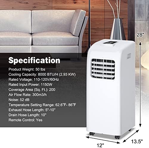 COSTWAY 8000 BTU Portable AC with Dehumidifier and Remote Control