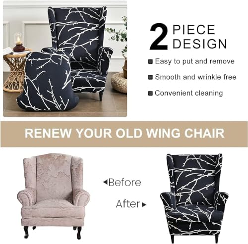 ZEaink 2 Piece Wing Chair Slipcovers Stretch Spandex Covers