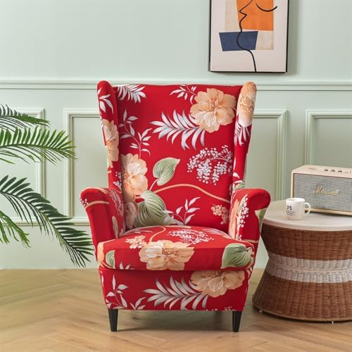 Red Flowers Stretch Wingback Chair Covers 2 Piece