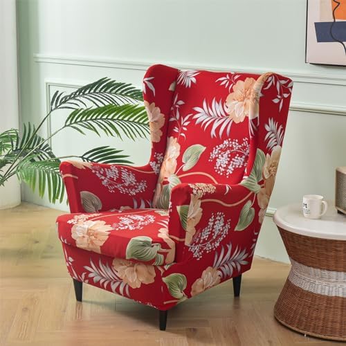 Red Flowers Stretch Wingback Chair Covers 2 Piece