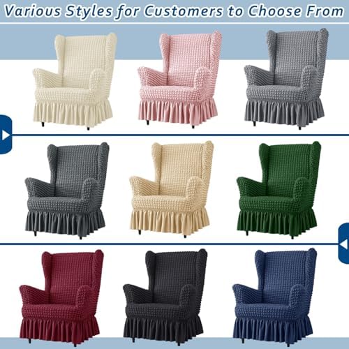 Stretch Seersucker Wingback Chair Slipcover Set with Ottoman Cover Beige