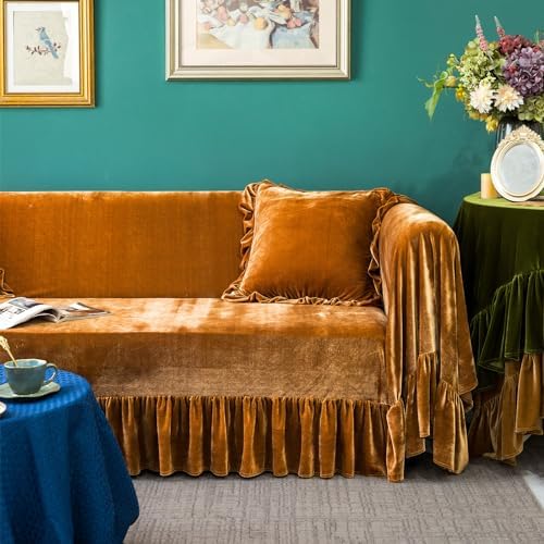 Velvet Sofa Cover with Ruffle Trim 71x134IN Golden Camel