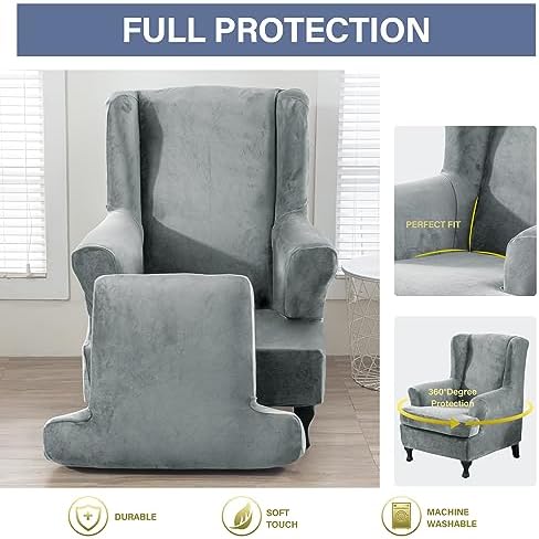 CZL Velvet Plush Wingback Chair Slipcover 2 Piece Set