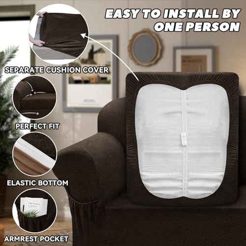 Sofa Slipcover with Armrest Pockets 4-Piece Set Brown