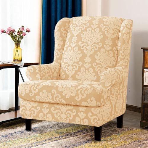 Wingback Chair Slipcover Retro Jacquard Design Almond