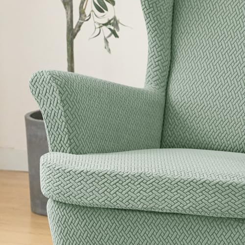 Wingback Chair Cover 2 Piece Stretch Jacquard with Elastic Bottom Matcha Green