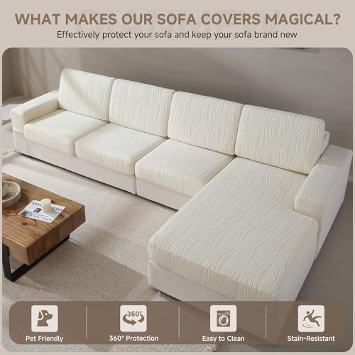 Qianmew L Shaped Couch Cover Ivory Stretchy and Pet-Friendly