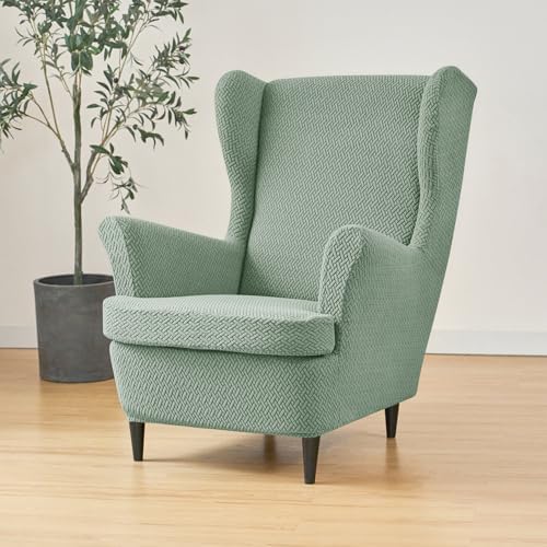 Wingback Chair Cover 2 Piece Stretch Jacquard with Elastic Bottom Matcha Green