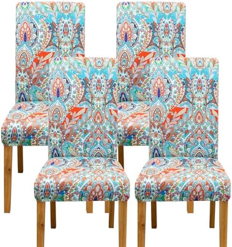 4 Pack Bohemian Dining Chair Covers with Elastic Hem