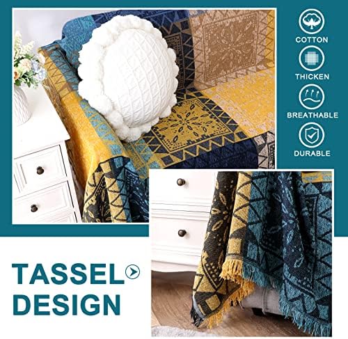 Turquoize Boho Cotton Sofa Cover XX-Large Yellow Navy