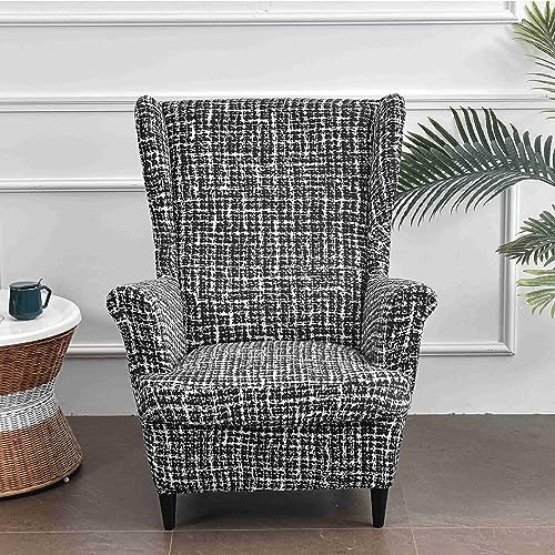 Wingback Chair Covers 2 Piece Set Stretch Fit Washable Checkered Pattern