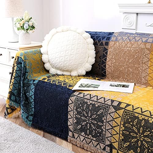 Turquoize Boho Cotton Sofa Cover XX-Large Yellow Navy