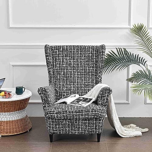 Wingback Chair Covers 2 Piece Set Stretch Fit Washable Checkered Pattern