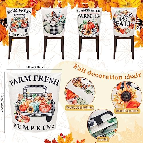 Whaline 4 Pack Fall Dining Chair Covers with Pumpkins Flowers Pattern