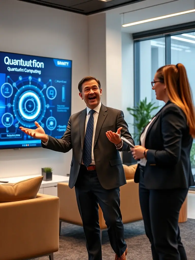 A professional consultant explaining the benefits of quantum computing to a client in a modern office setting.