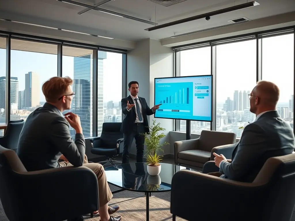 A professional consultant presenting strategic insights to a client in a modern office setting, reflecting VECTRONIXTECH LTD's commitment to tailored solutions.