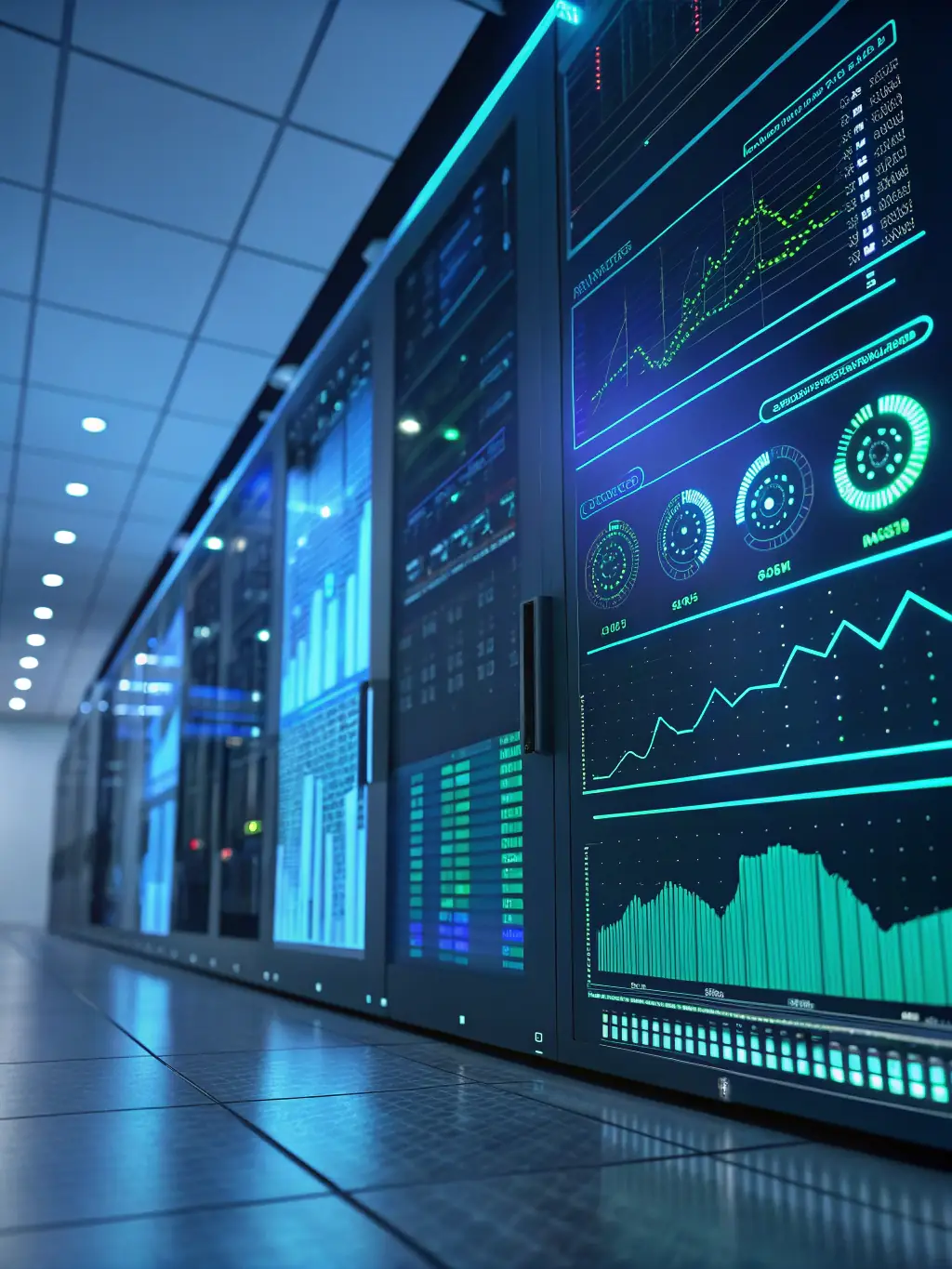 A futuristic interface displaying data analysis and predictive modeling for business insights.