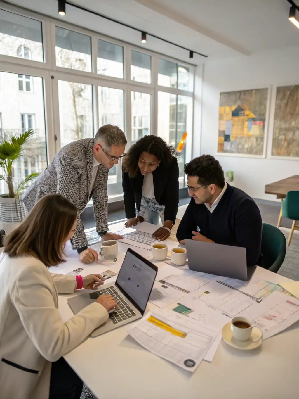 A diverse team of consultants collaborating on a project in a high-tech environment.